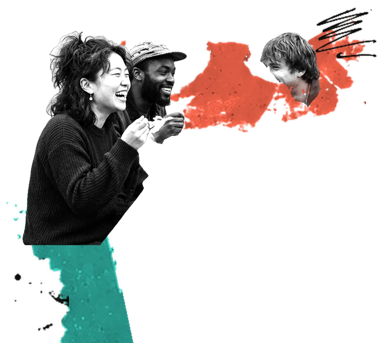 Friends laughing together over red and teal paint